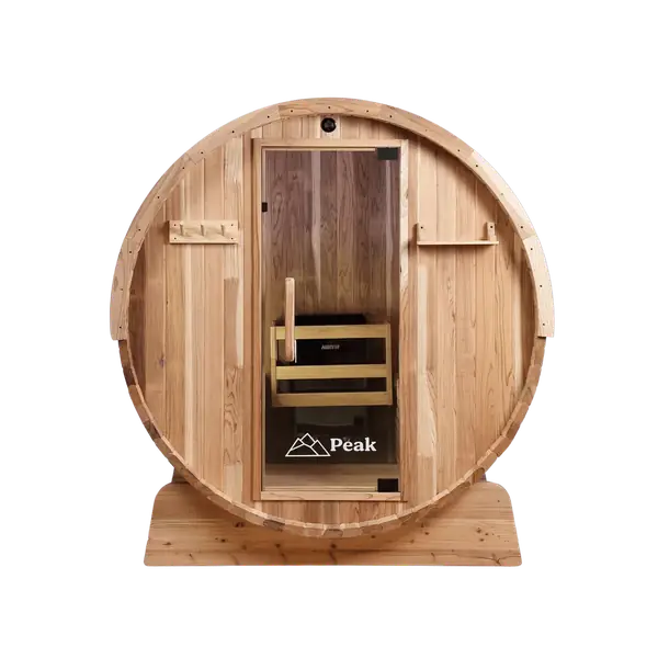 Berry Fitness traditional cedar barrel sauna, open door